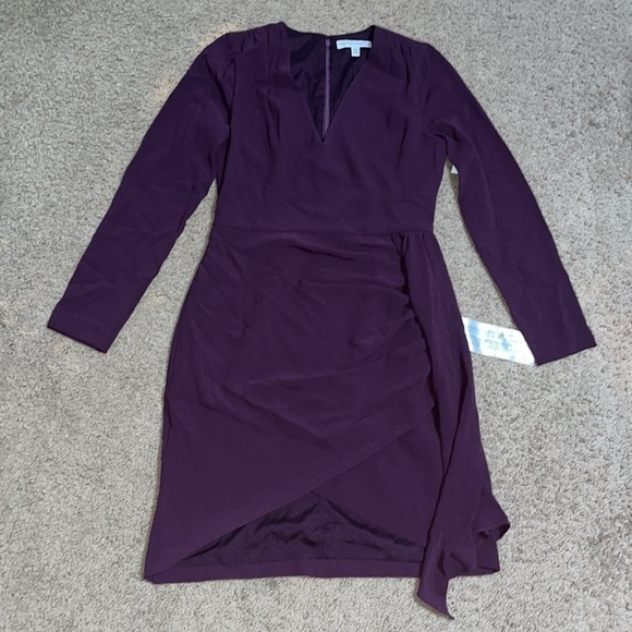 Dress the Population Aila Long Sleeve Plunge Neck Asymmetric Bodycon Mini Dress - Picture 4 of 12